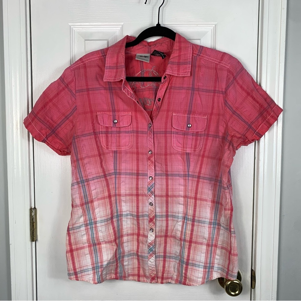 Harley Davidson Short Sleeve Plaid Button-Down Shirt Embroidered Size Large